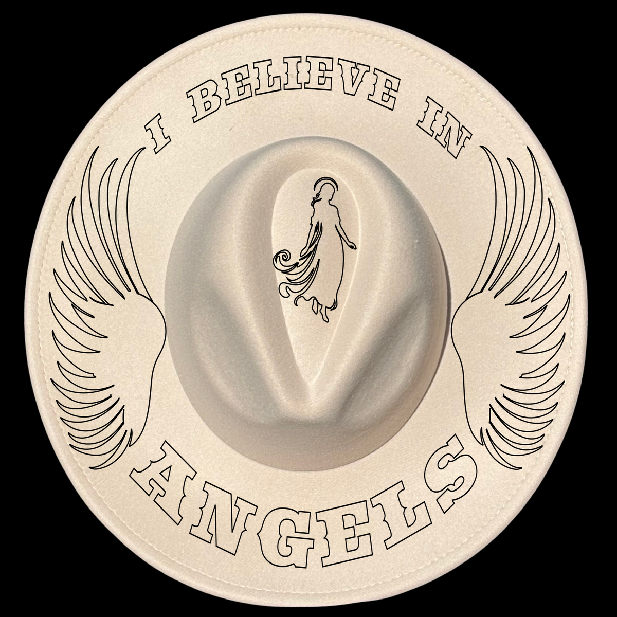 I believe in angels hat burning design on a wide brim hat