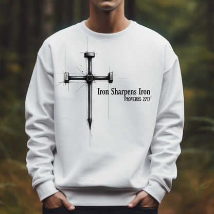 Iron Sharpens Iron digital design on a man's white sweatshirt