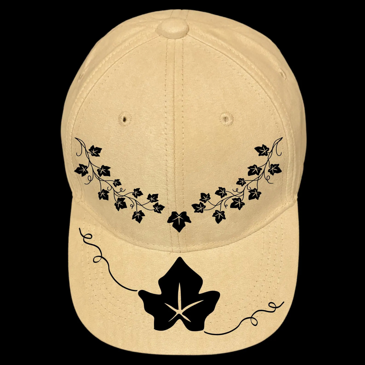 Baseball cap with black ivy leaf design on a black background