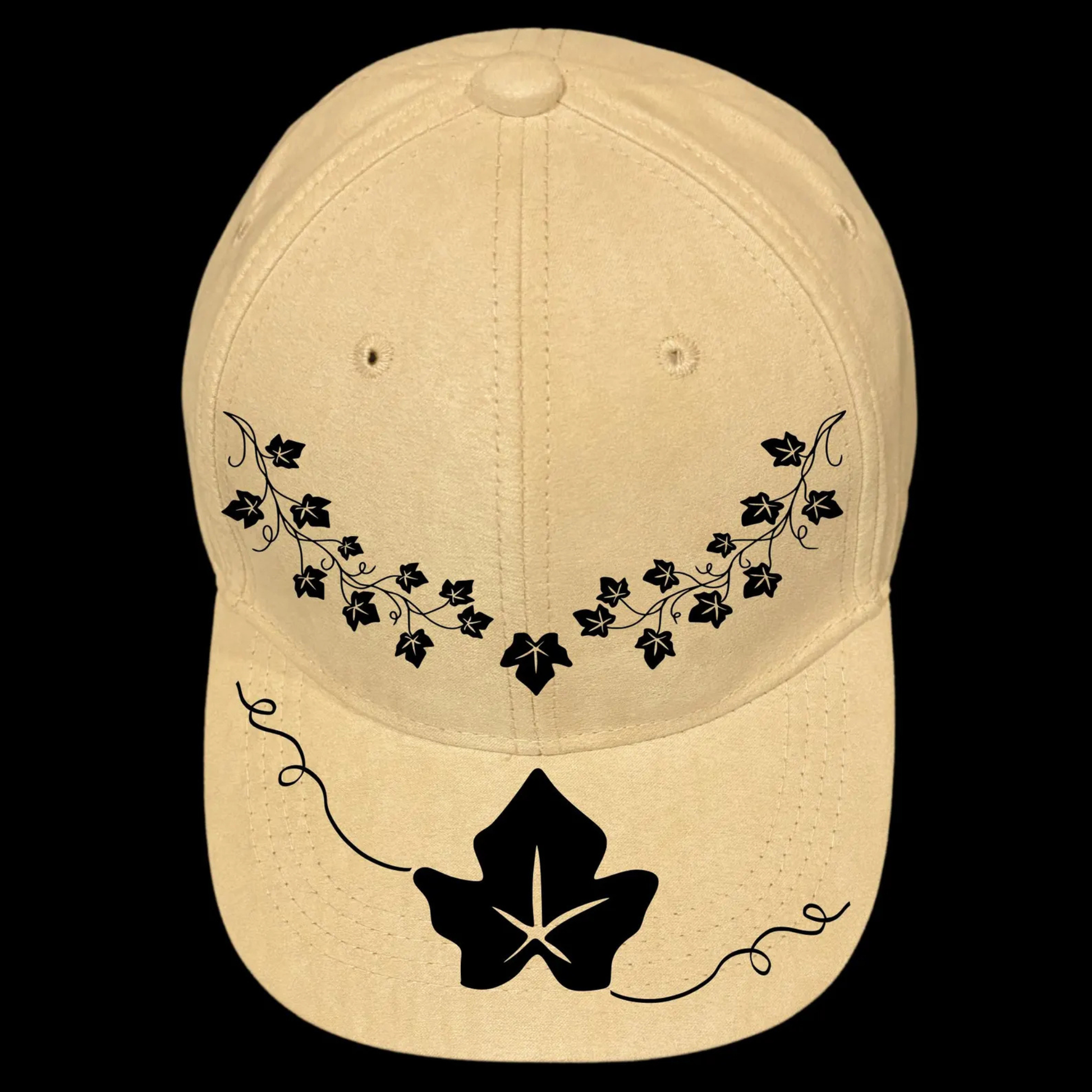 Baseball cap with black ivy leaf design on a black background