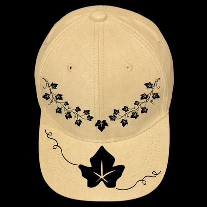 Baseball cap with black ivy leaf design on a black background