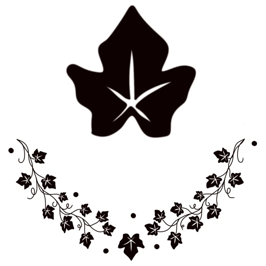 Black leaf and vine design on a white background