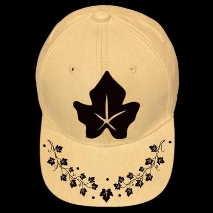 Baseball cap with black ivy leaf design on a black background