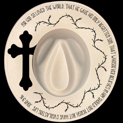 John 3:16 burned hat burning design on a wide brim hat.