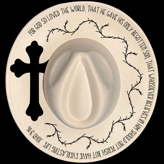 John 3:16 burned hat burning design on a wide brim hat.