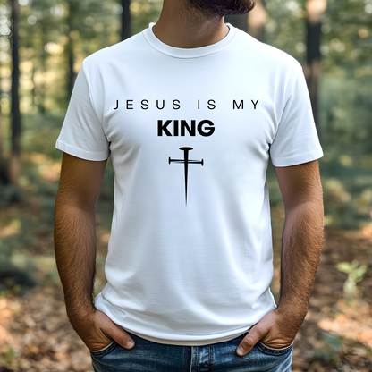 Jesus Is My King digital design on a man’s white t-shirt.