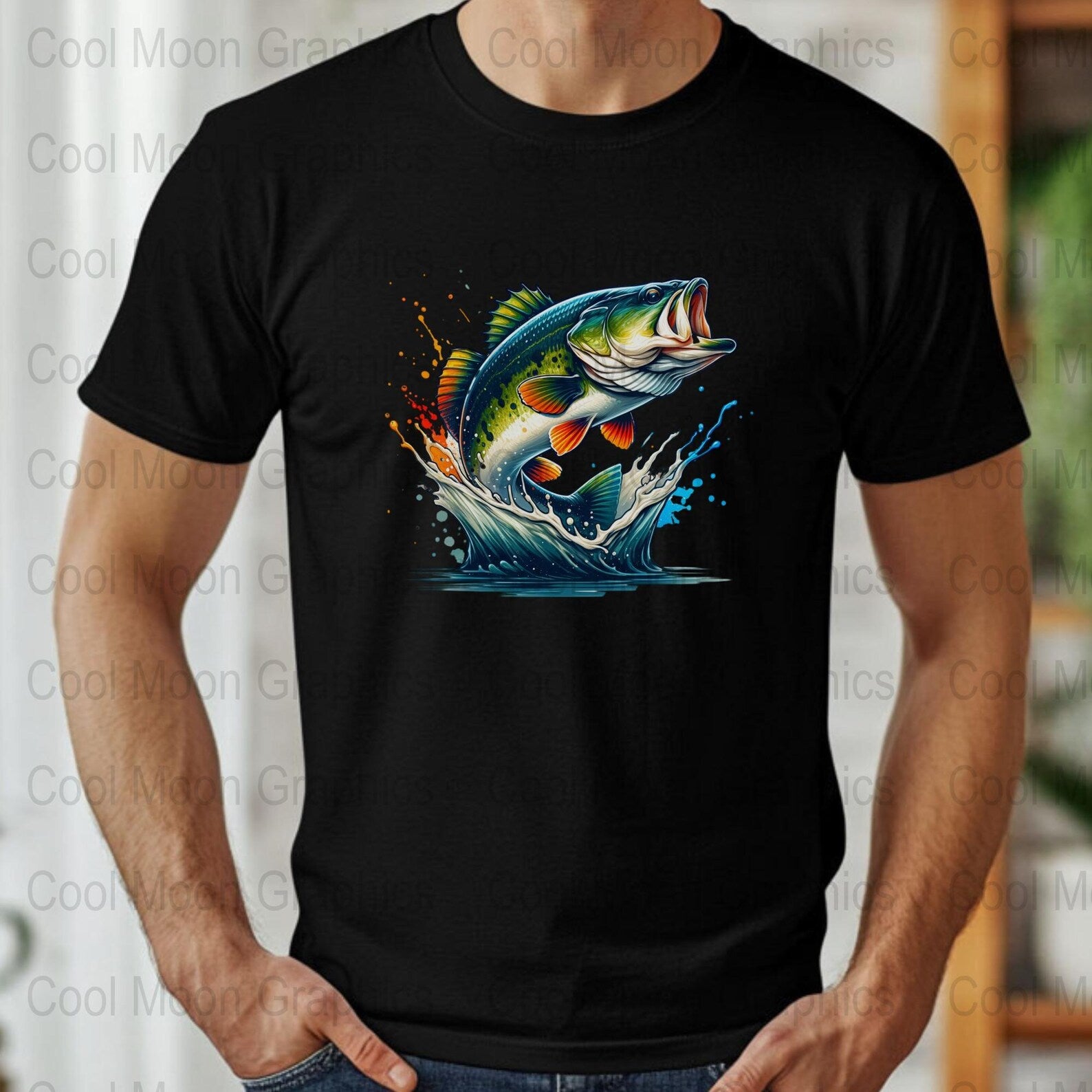 Black t-shirt with a colorful largemouth bass graphic worn by a person