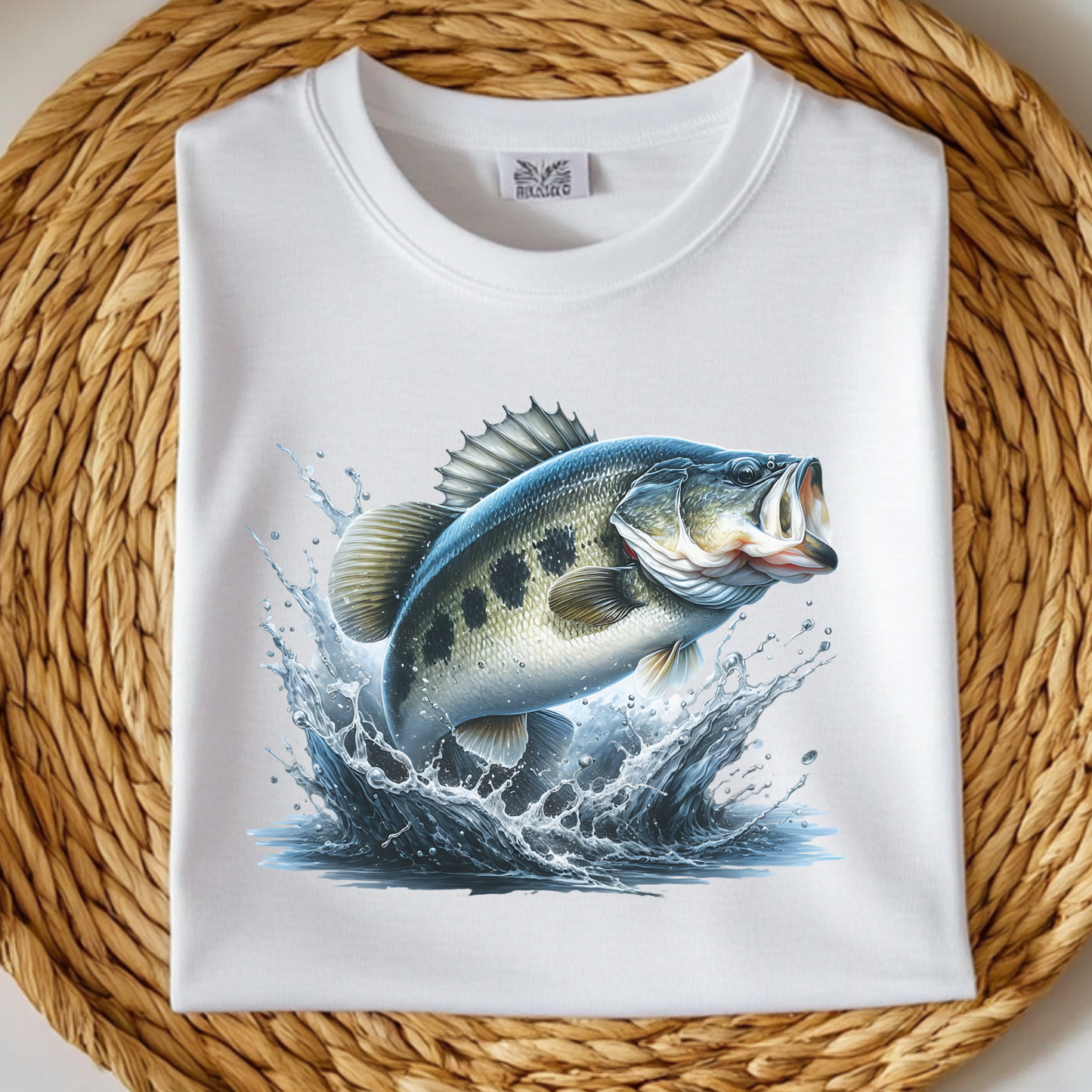 Largemouth Bass PNG digital design on a folded white t-shirt