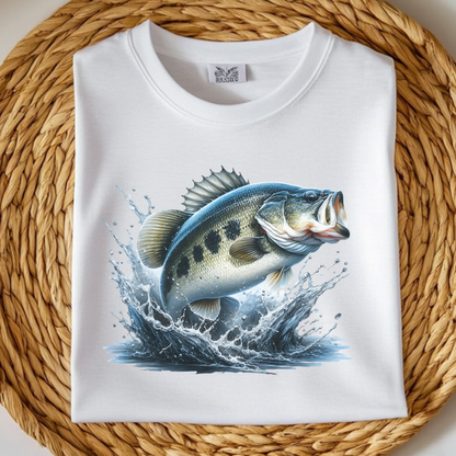 Largemouth Bass PNG digital design on a folded white t-shirt
