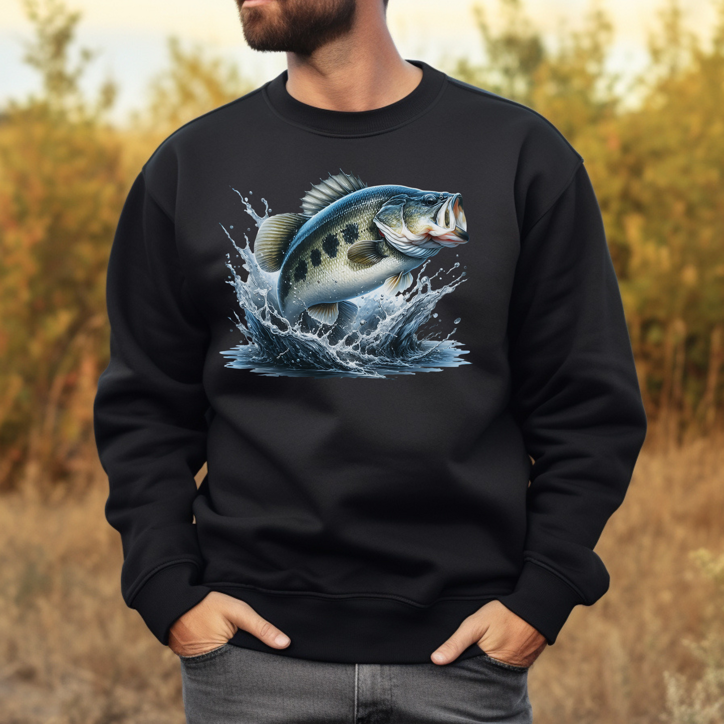 Largemouth Bass PNG digital design on a man's black sweatshirt