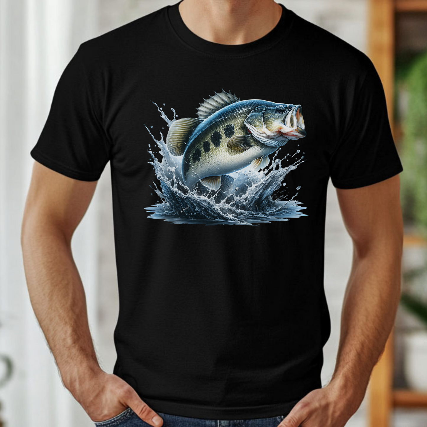 Largemouth Bass PNG digital design on a man's black t-shirt