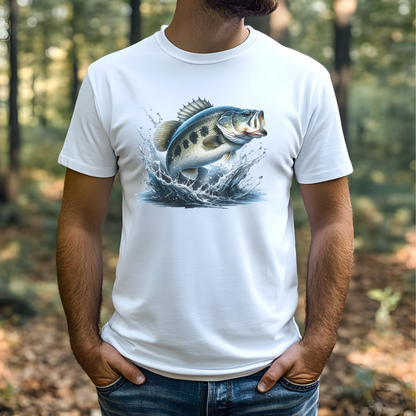 Largemouth Bass PNG digital design on a man's white t-shirt