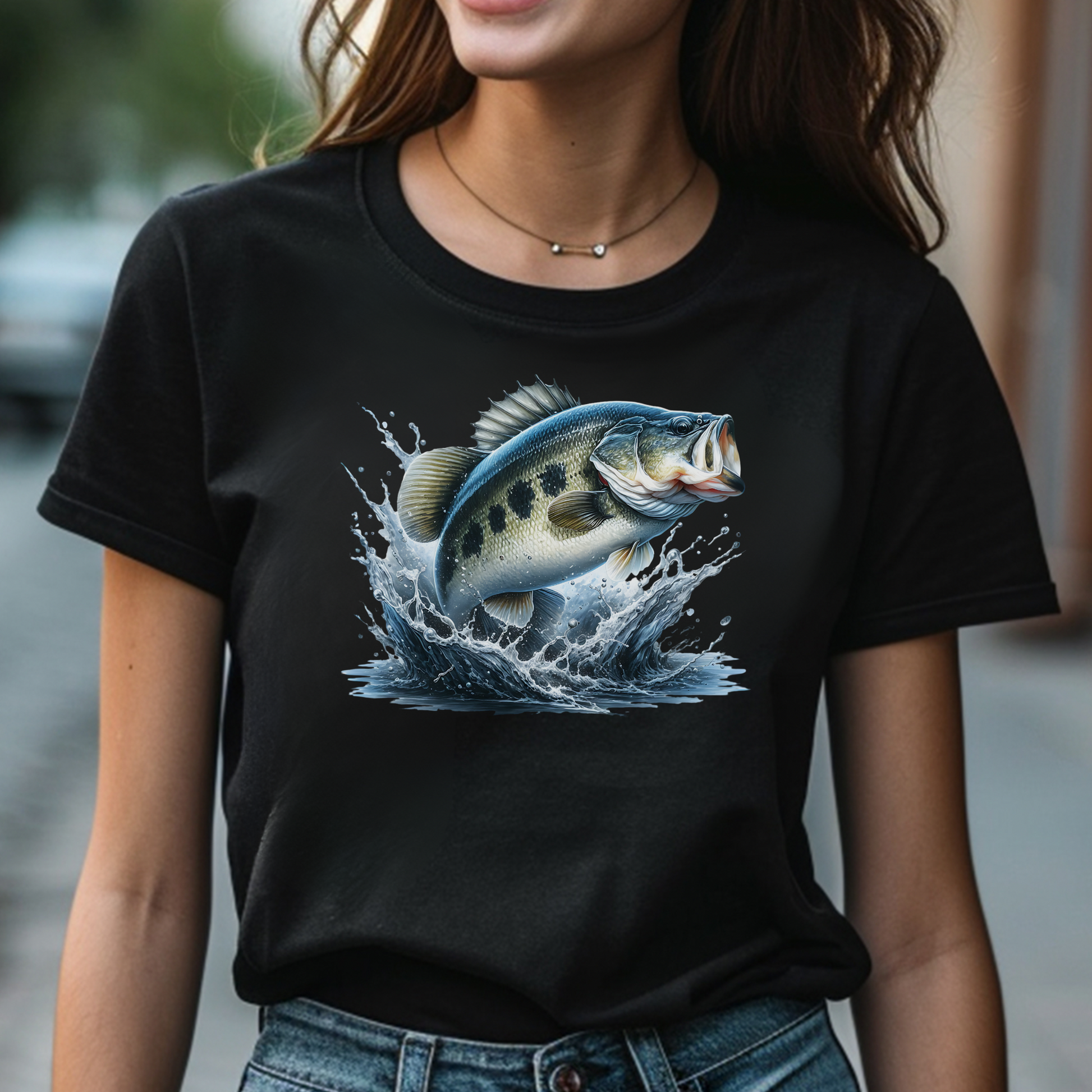 Largemouth Bass PNG digital design on a woman's black t-shirt