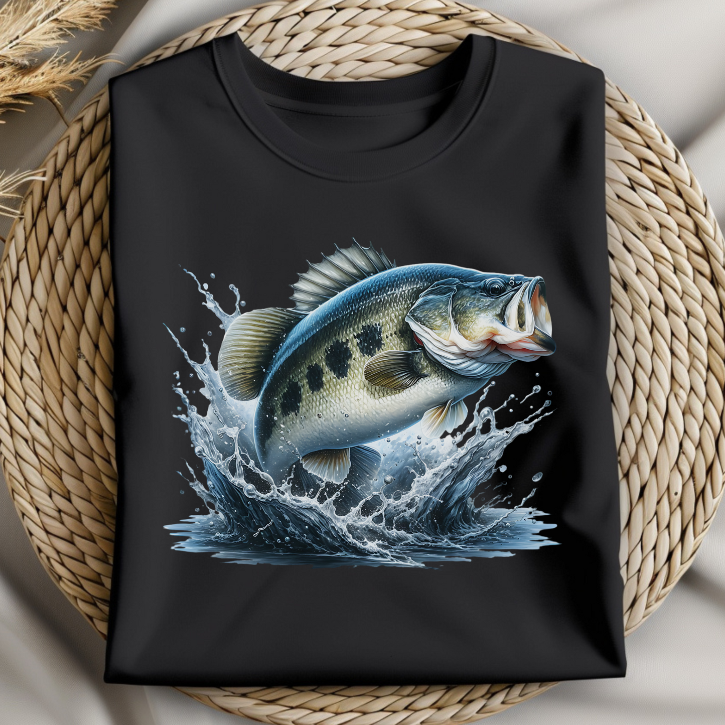 Largemouth Bass PNG digital design on a folded black t-shirt