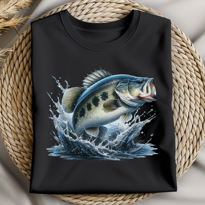Largemouth Bass PNG digital design on a folded black t-shirt