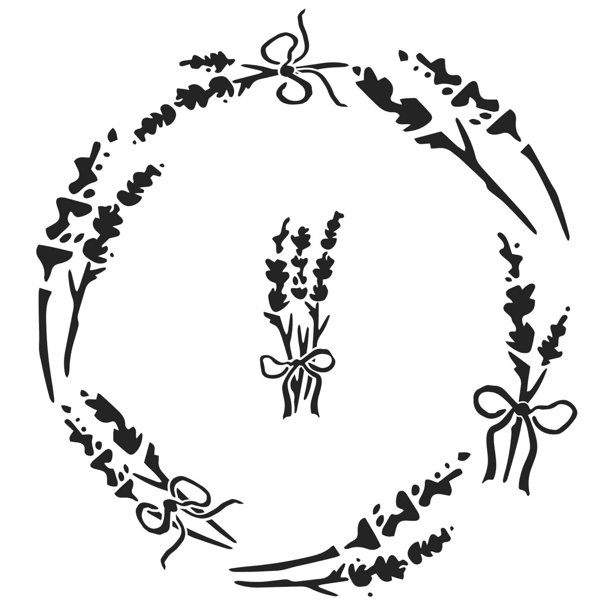Decorative wreath with flowers and bows in black on a white background