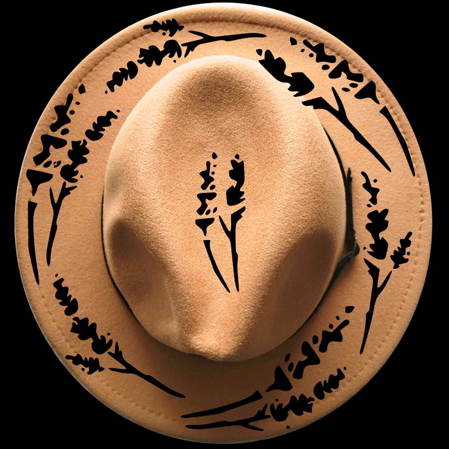 Narrow brim hat with black floral lavender wreath patterns on a black background