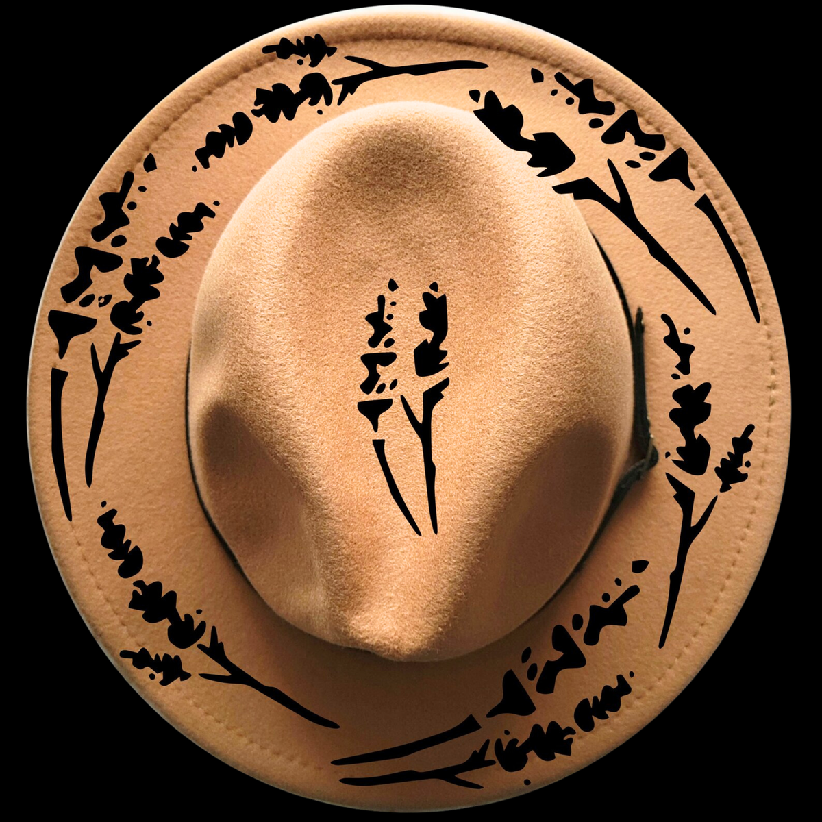 Narrow brim hat with black floral lavender wreath patterns on a black background