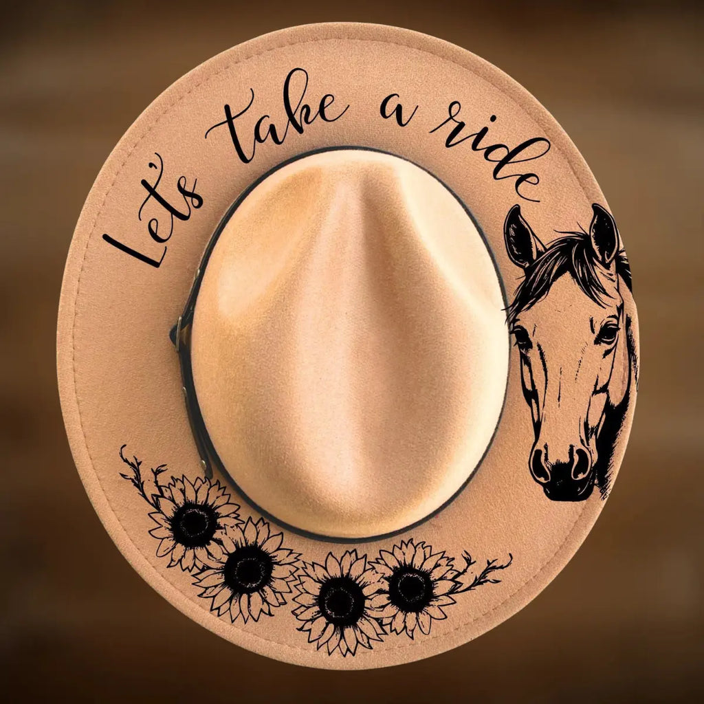 Cowboy hat with horse illustration and 'Let's take a ride' text on a brown background