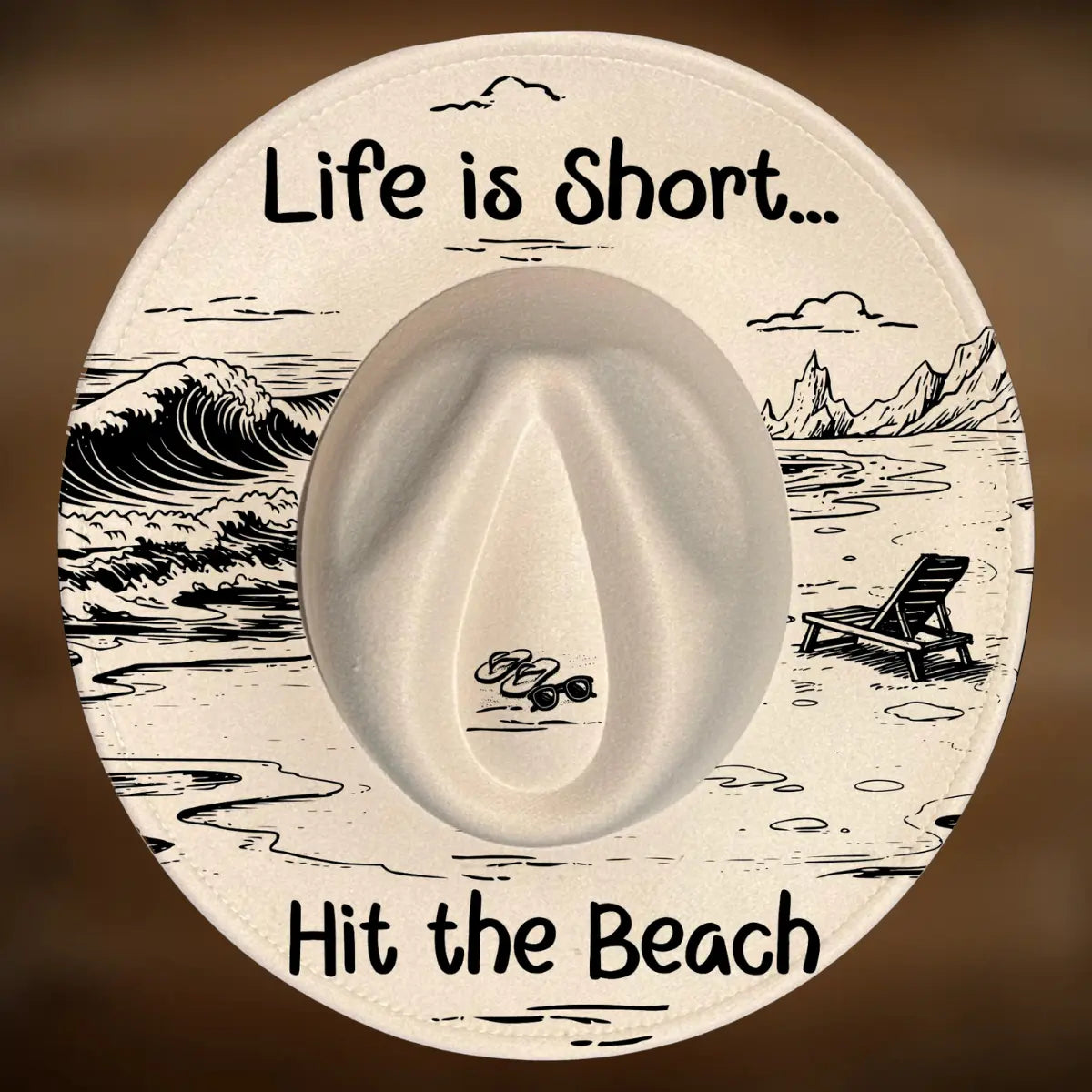 Wide brim hat design with beach scene and text 'Life is Short... Hit the Beach' on a brown background.