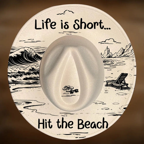 Wide brim hat design with beach scene and text 'Life is Short... Hit the Beach' on a brown background.