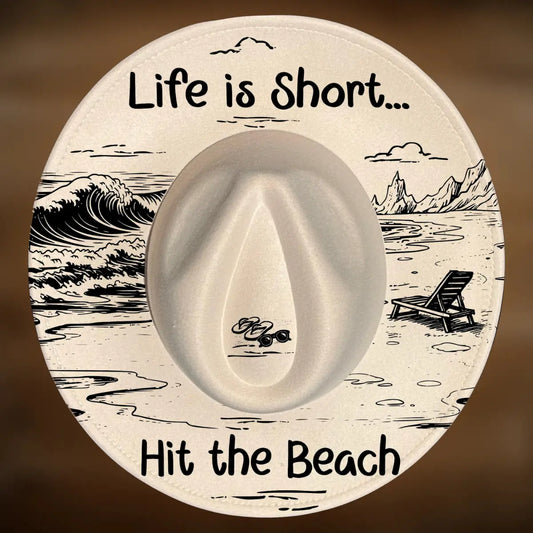 Wide brim hat design with beach scene and text 'Life is Short... Hit the Beach' on a brown background.