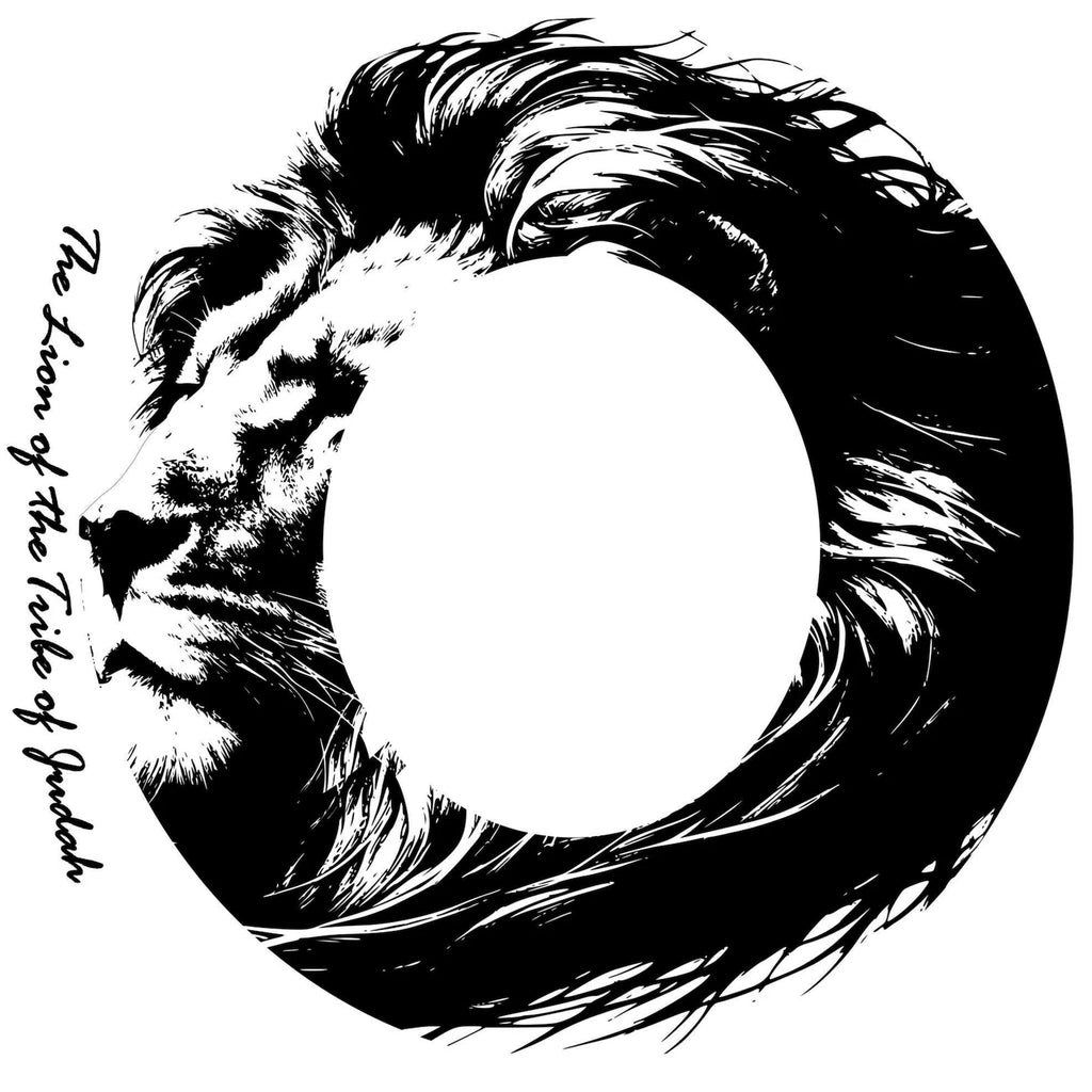 Black and white illustration of a lion's head for a wide brim hat, featuring text on a white background.