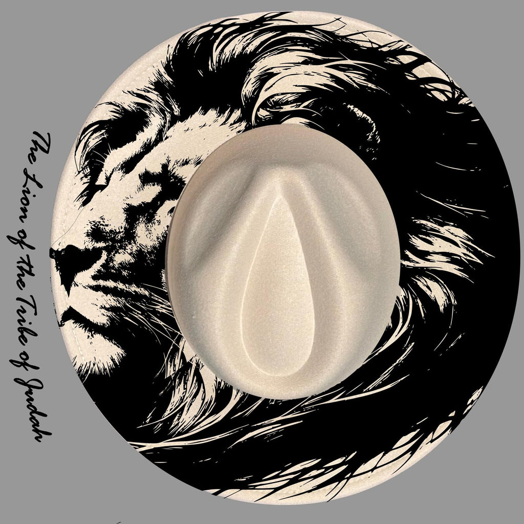 Hat burning design with lion illustration on a wide brim hat