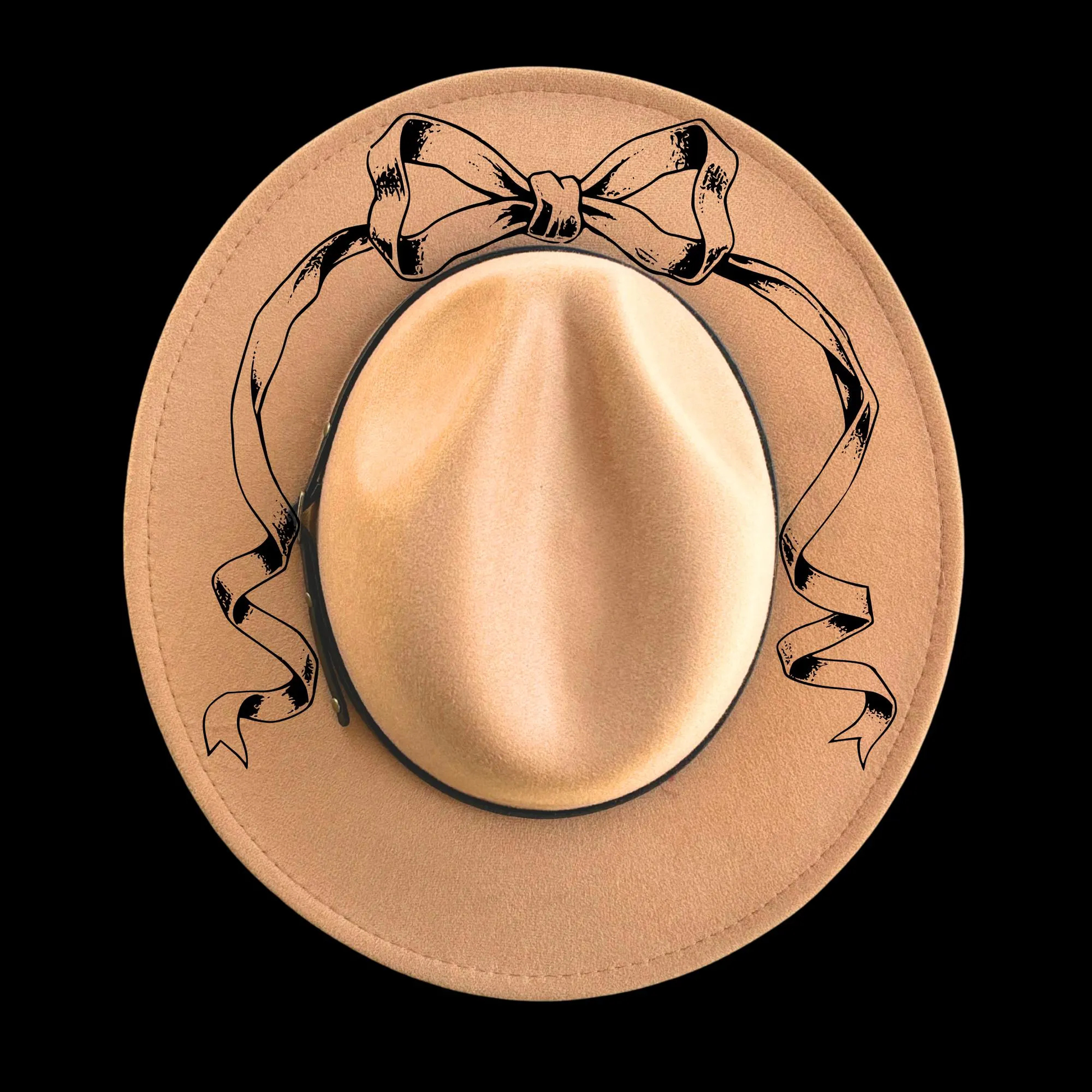 Narrow brim hat with decorative bow on a black background