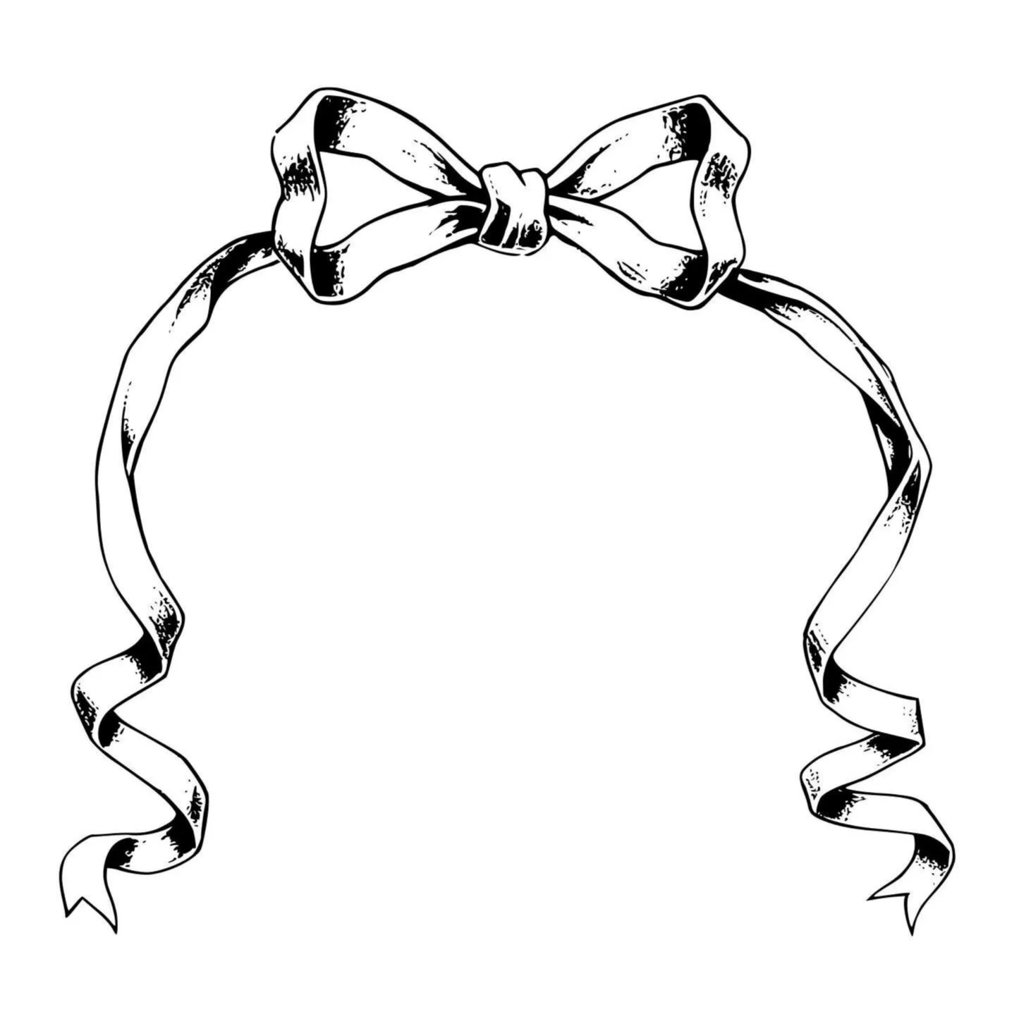 Black and white design of a decorative bow with ribbons on a white background