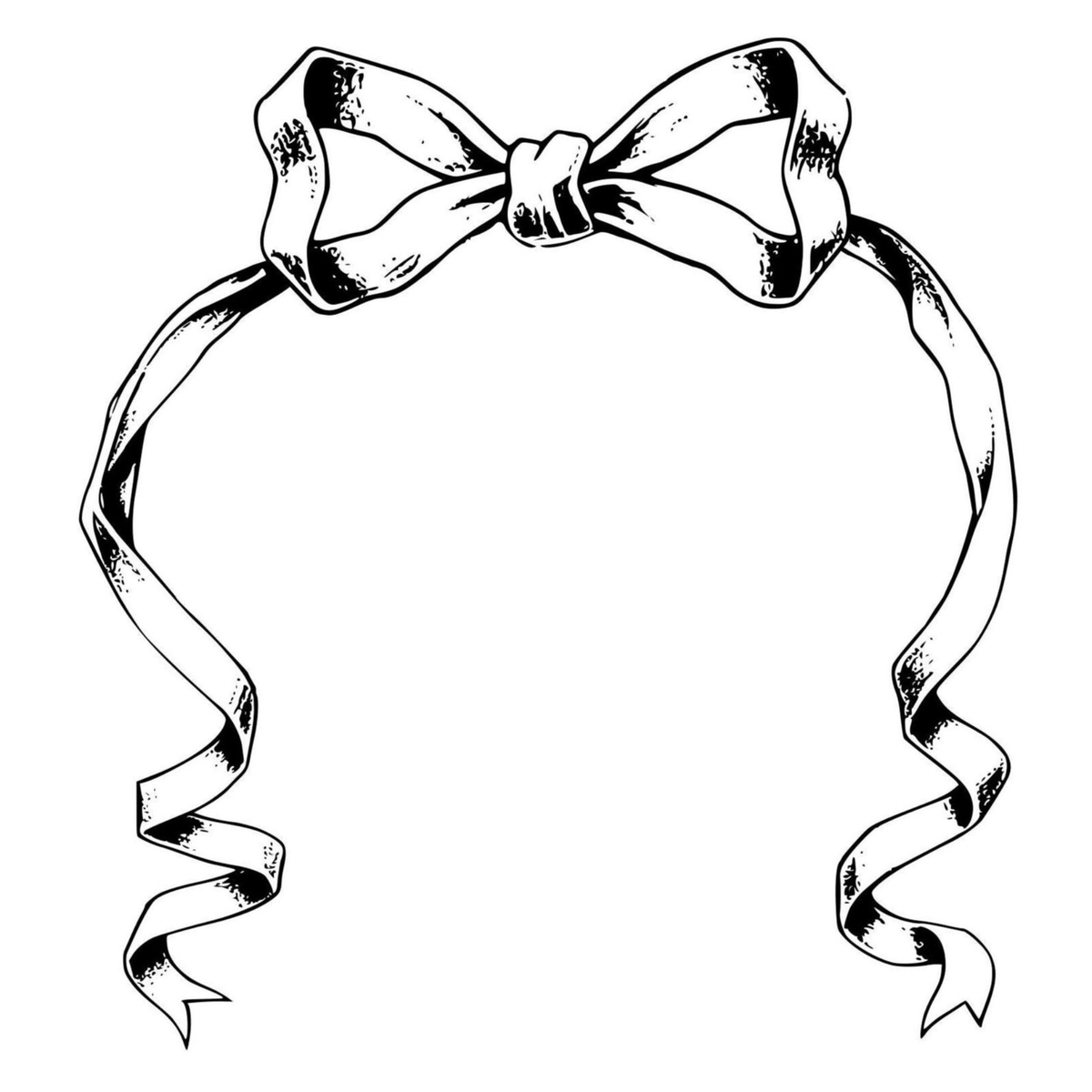 Black and white illustration of a decorative bow with ribbons on a white background