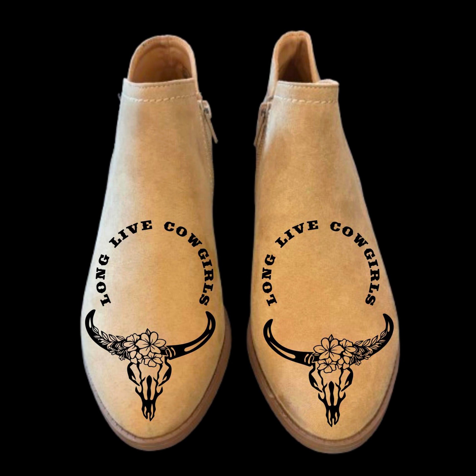 Long Live Cowgirls boot burning design on a pair of shoes.