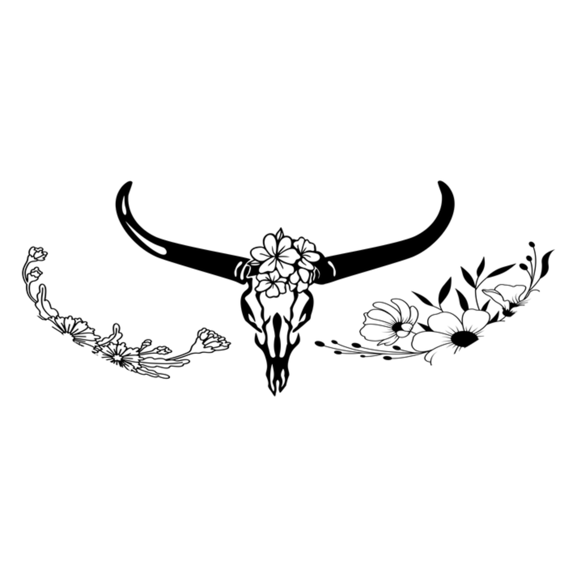 Black and white illustration of a longhorn skull with floral decorations on a white background
