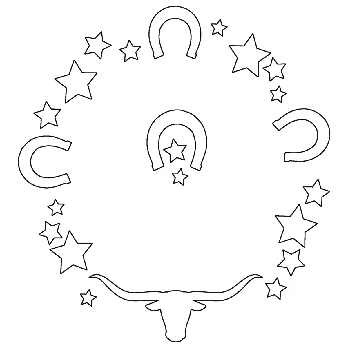 Page with a design featuring stars, horseshoes, and a longhorn.