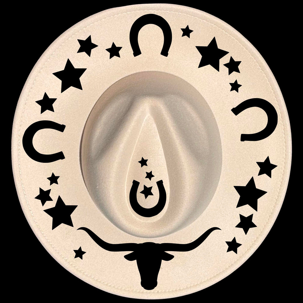 Longhorn burned hat burning design on a wide brim hat