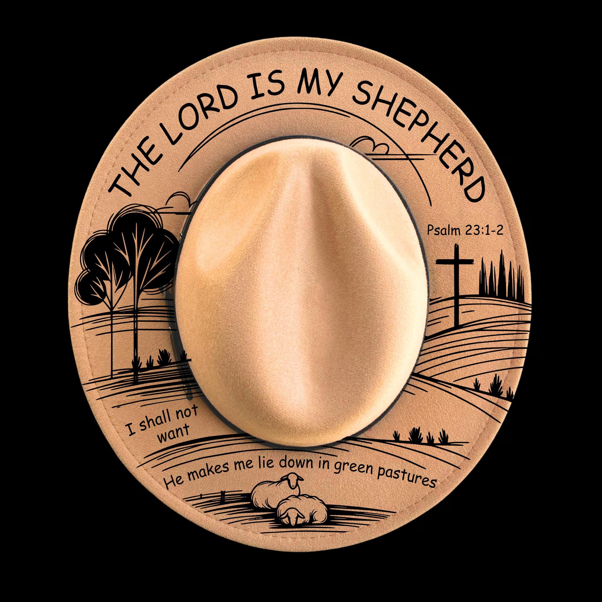 Narrow brim hat with a christian design and religious text 'Lord Is My Shepherd' on a black background