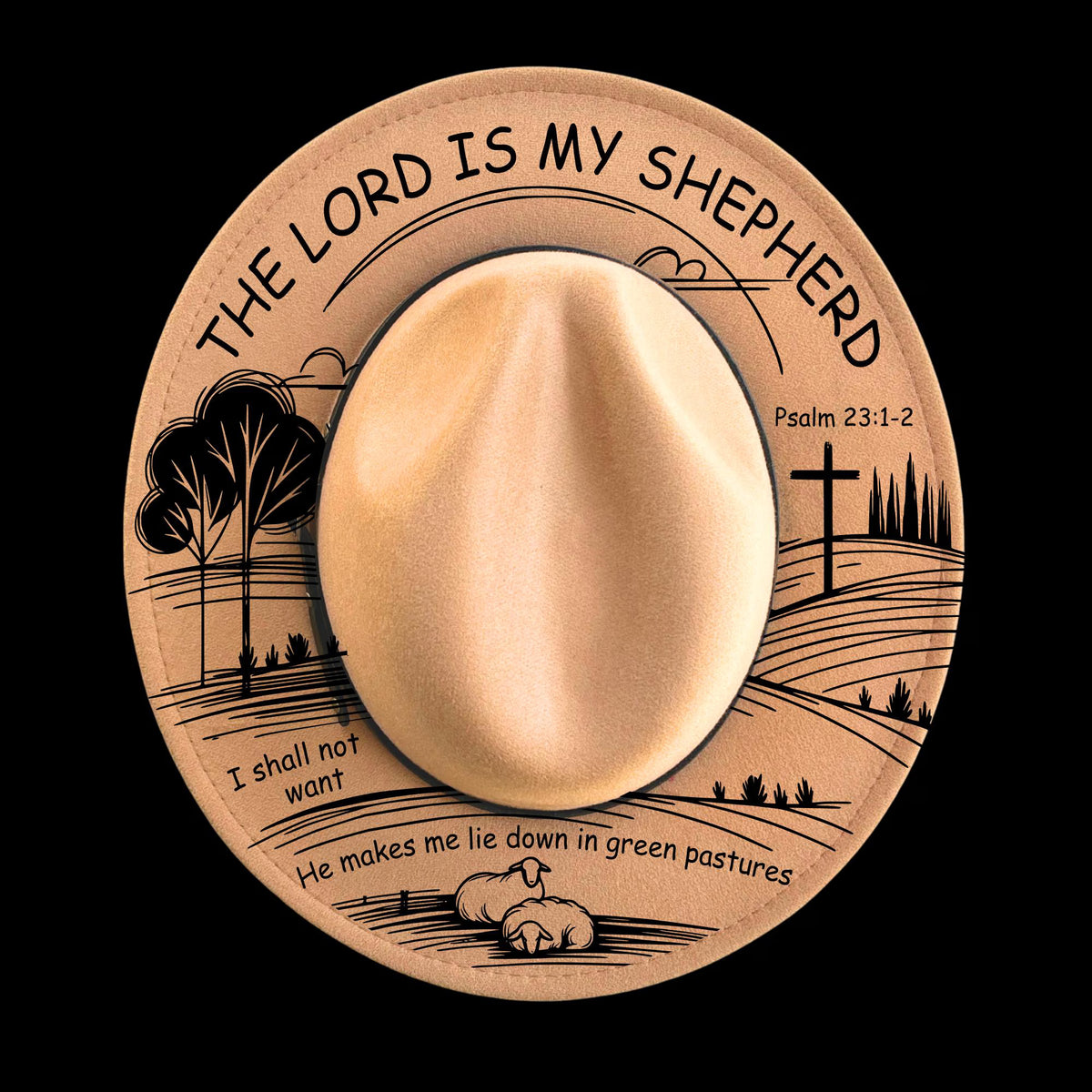 Narrow brim hat with a christian design and religious text 'Lord Is My Shepherd' on a black background