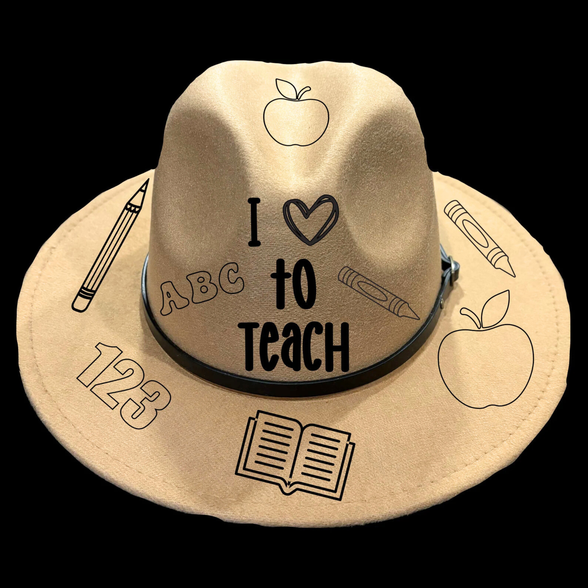Narrow brim hat with educational illustrations and 'I love to teach' text on a black background
