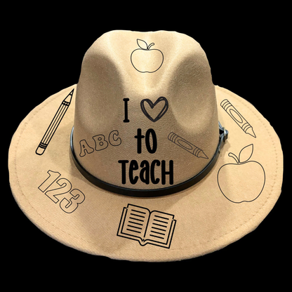 Narrow brim hat with educational illustrations and 'I love to teach' text on a black background