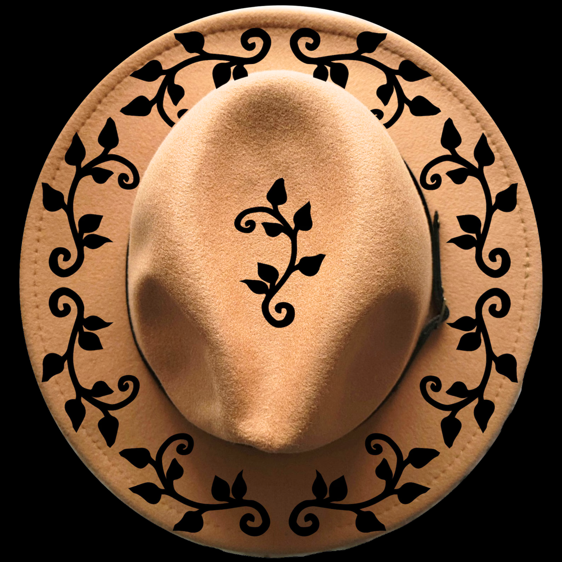 Narrow brim hat with black vine leaf pattern on a black background
