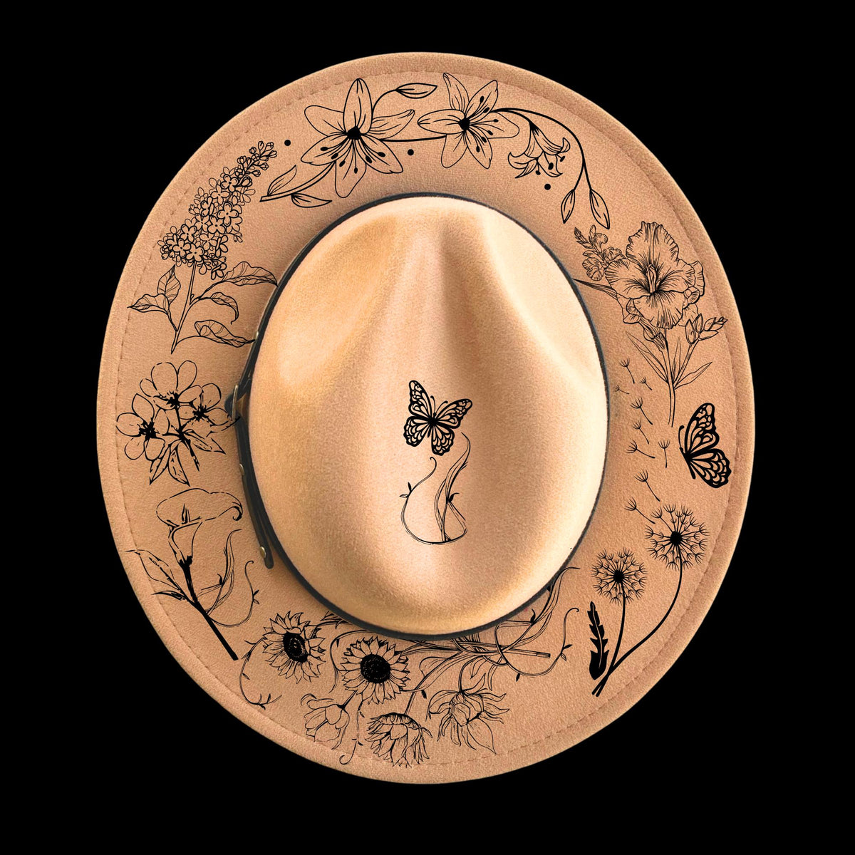 Narrow brim hat with floral and butterfly designs on a black background