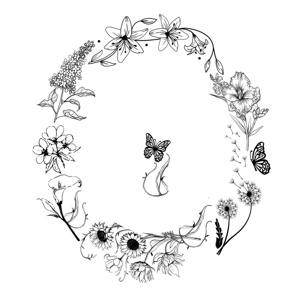 Black floral wreath with butterflies on a white background
