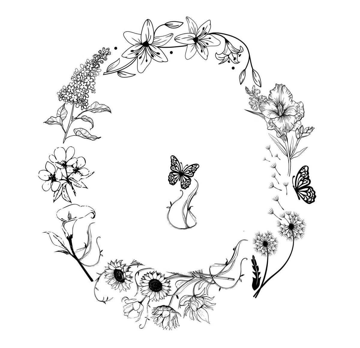 Black floral wreath with butterflies on a white background
