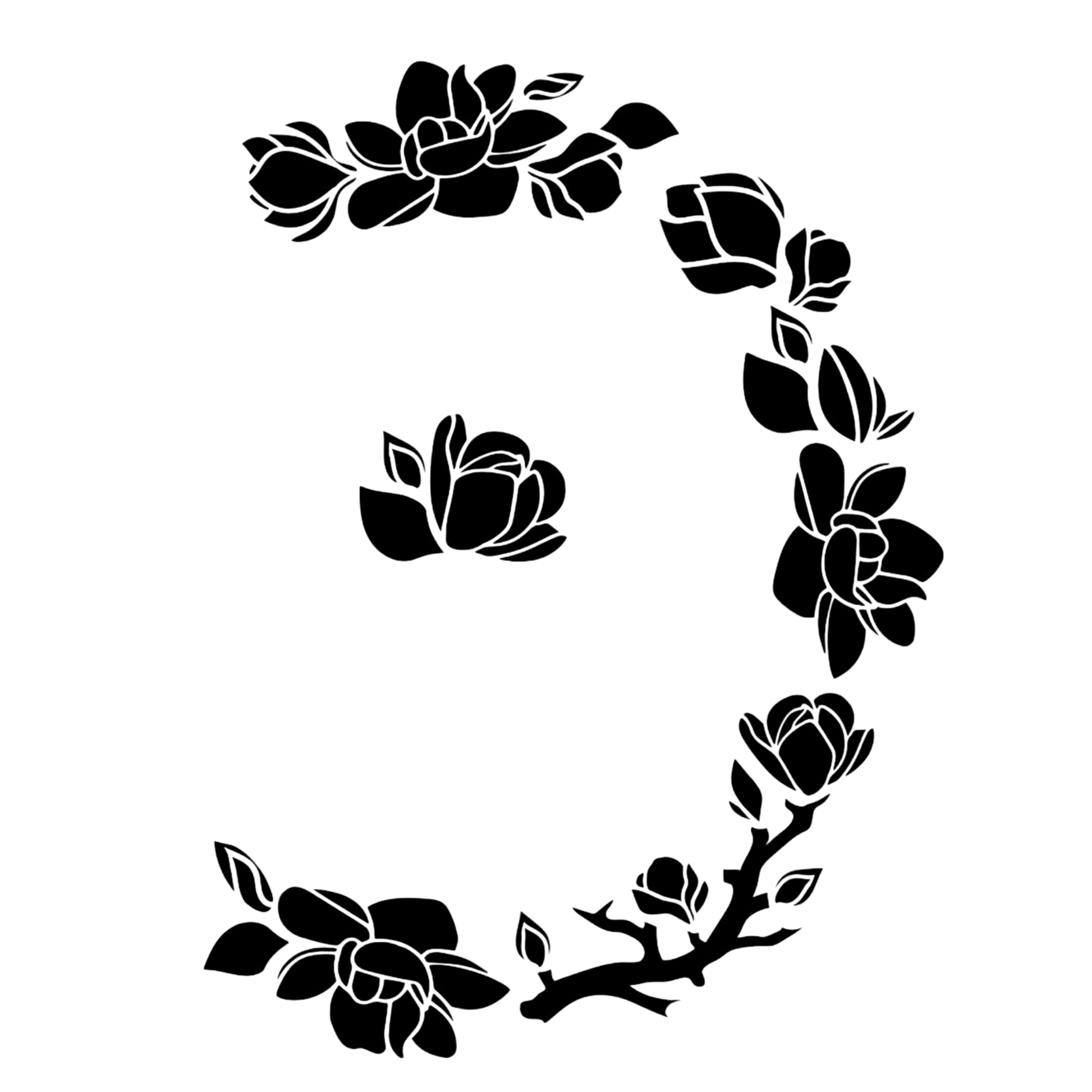 Black magnolia flowers floral wreath design on a white background