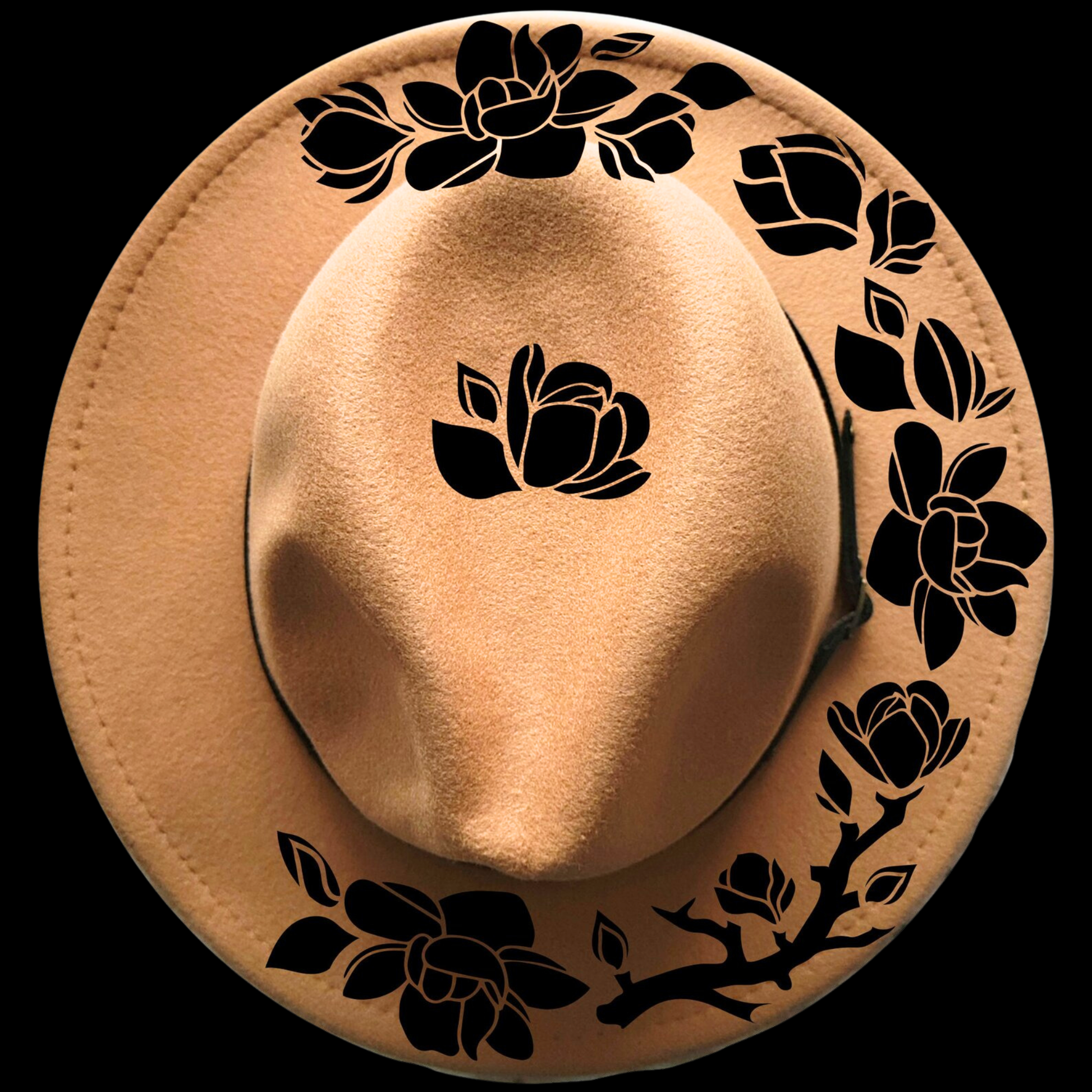 Narrow brim hat with black floral magnolia patterns on a black background