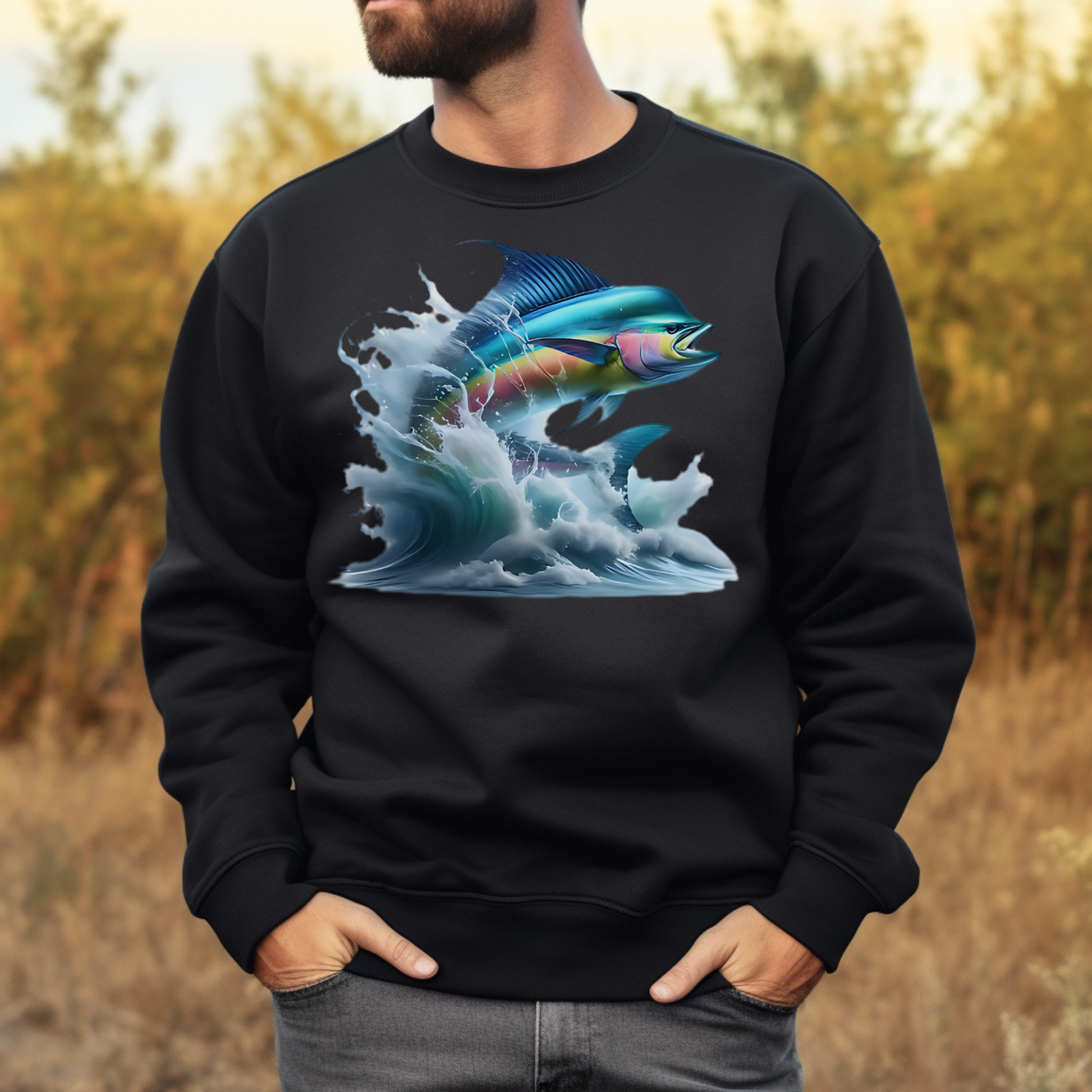Man wearing a black sweatshirt with a colorful mahi mahi fish design in a field.