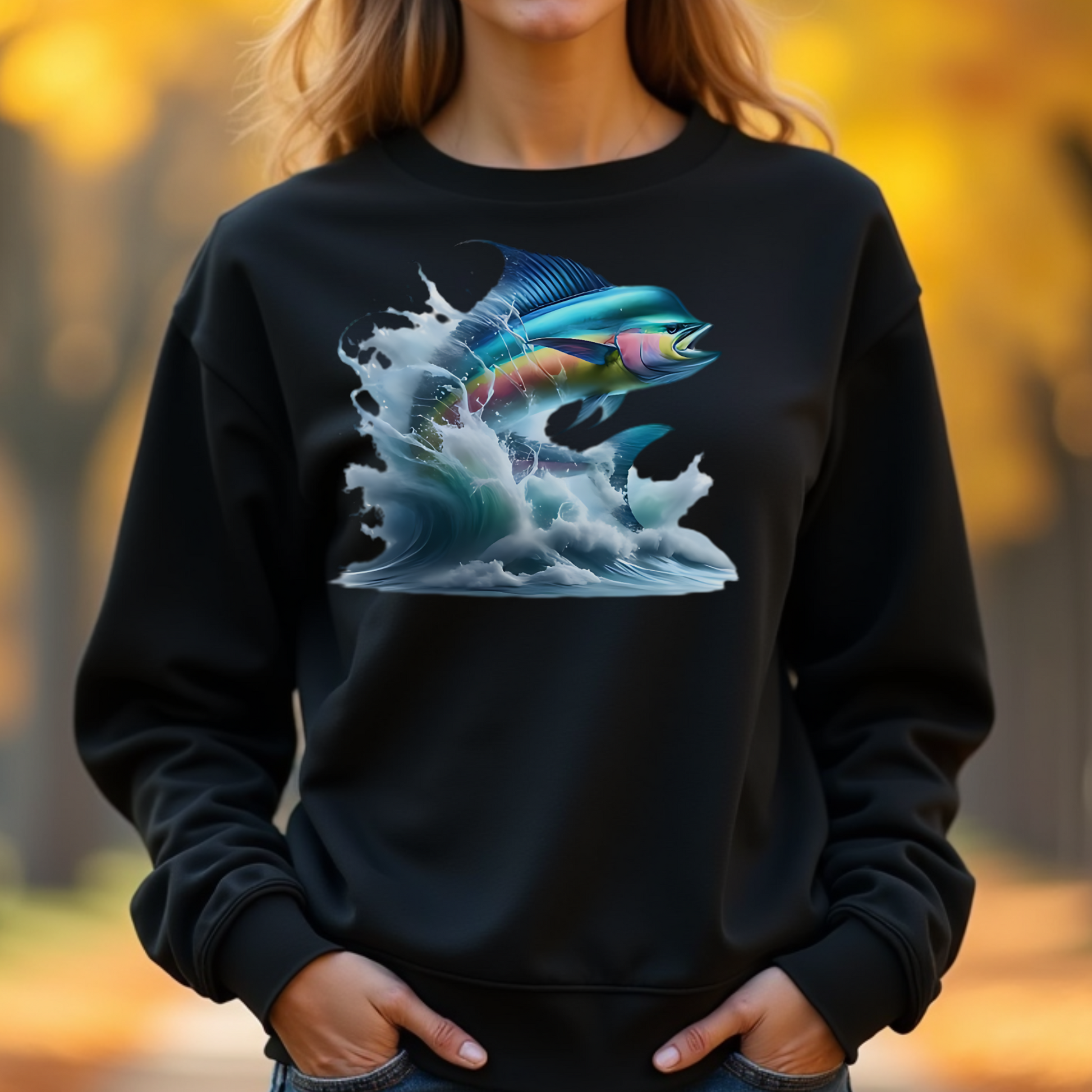 Woman wearing a black sweatshirt with a colorful mahi mahi design outdoors.