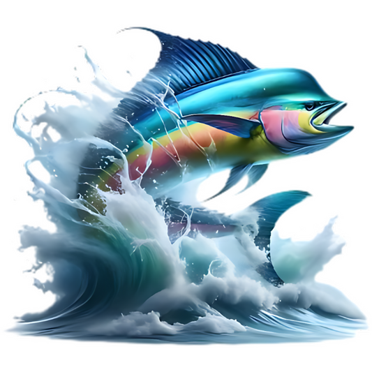Colorful mahi mahi emerging from water with a white background
