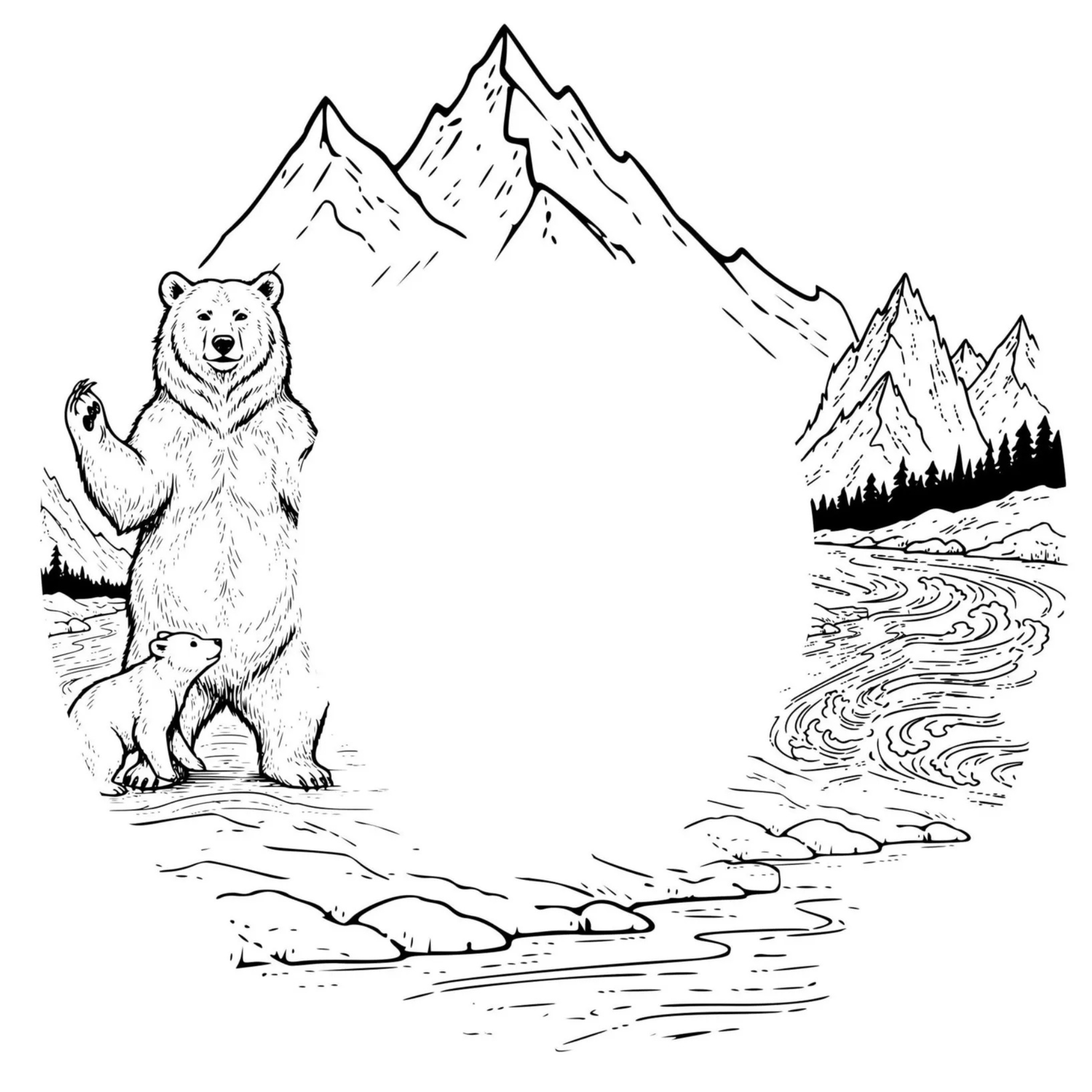 Black and white illustration of a mama bear and cub by a river with mountains in the background