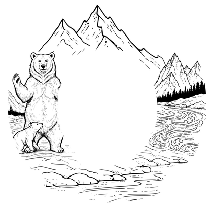 Black and white illustration of a mama bear and cub by a river with mountains in the background